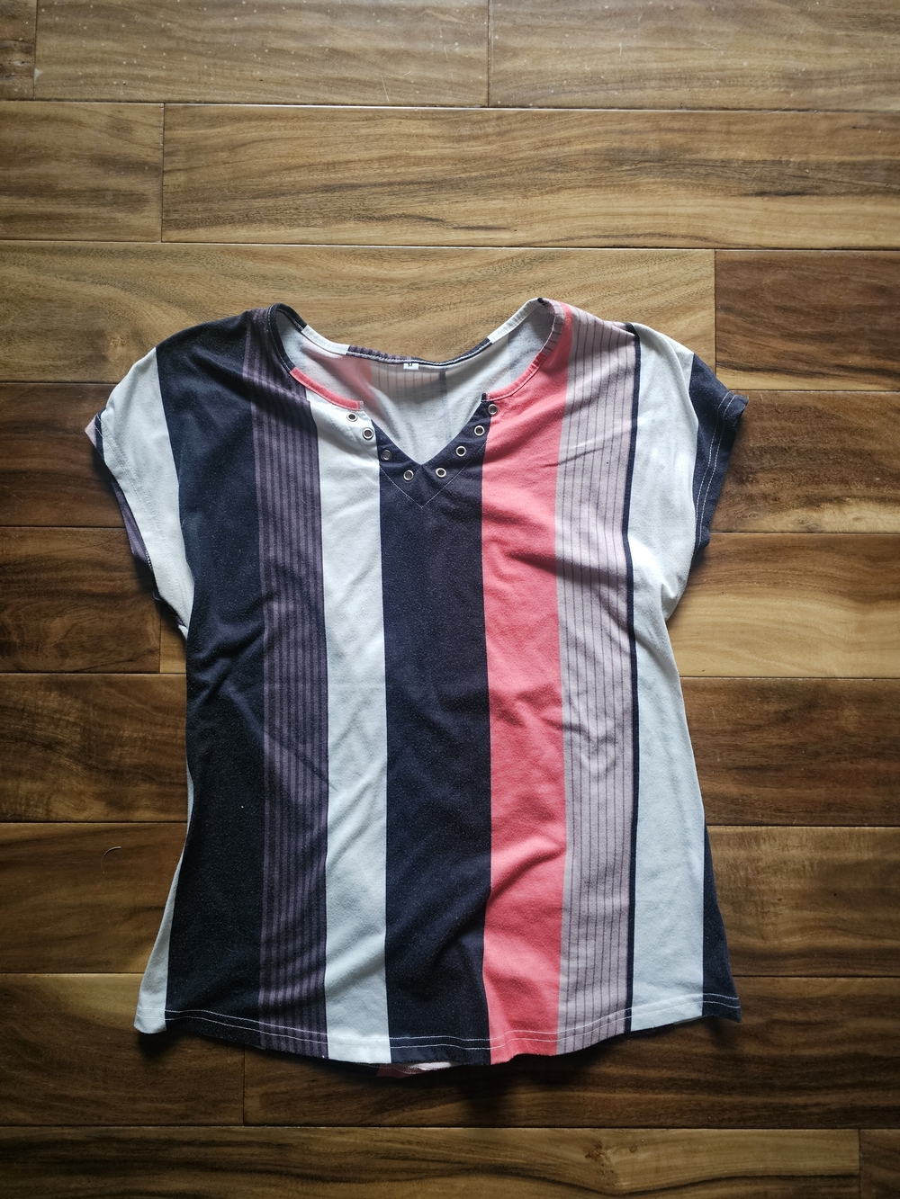 Black, Coral & White Striped V-Neck Short Sleeve Top